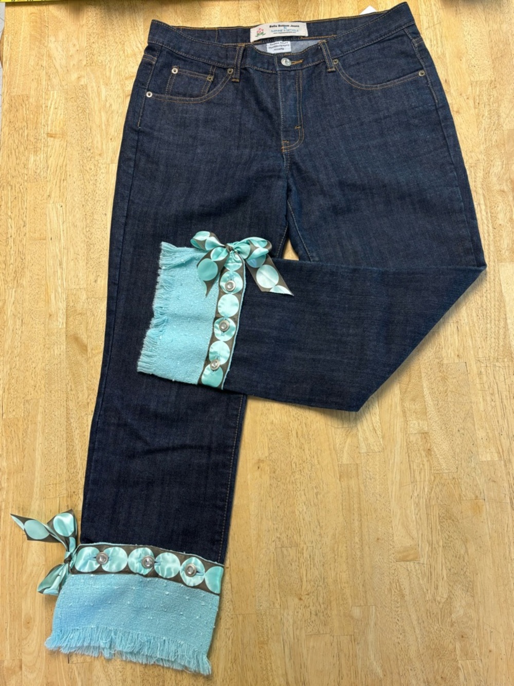 Dark Wash Flare Jeans with Aqua Ribbon & Button Trim